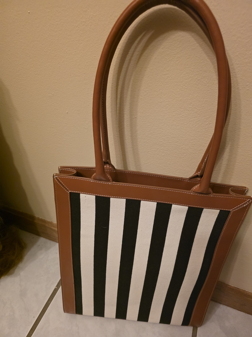Ann Taylor Black & White Striped Tote with Brown Trim